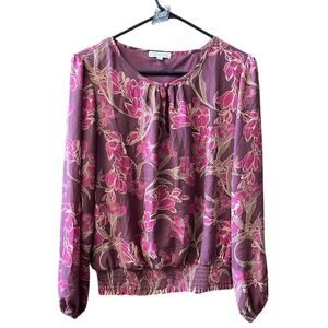 Nine Britton Women's Floral Blouse M Burgandy V-Neck Balloon Sleeve Top NWT